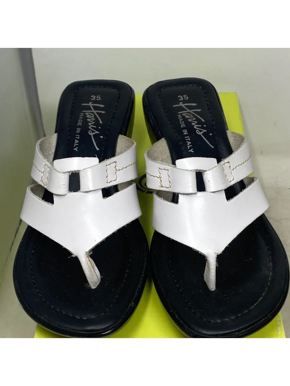 Harris Italy White Leather Wedge Sandals Womens 35 US 5 Thong Slides Vintage